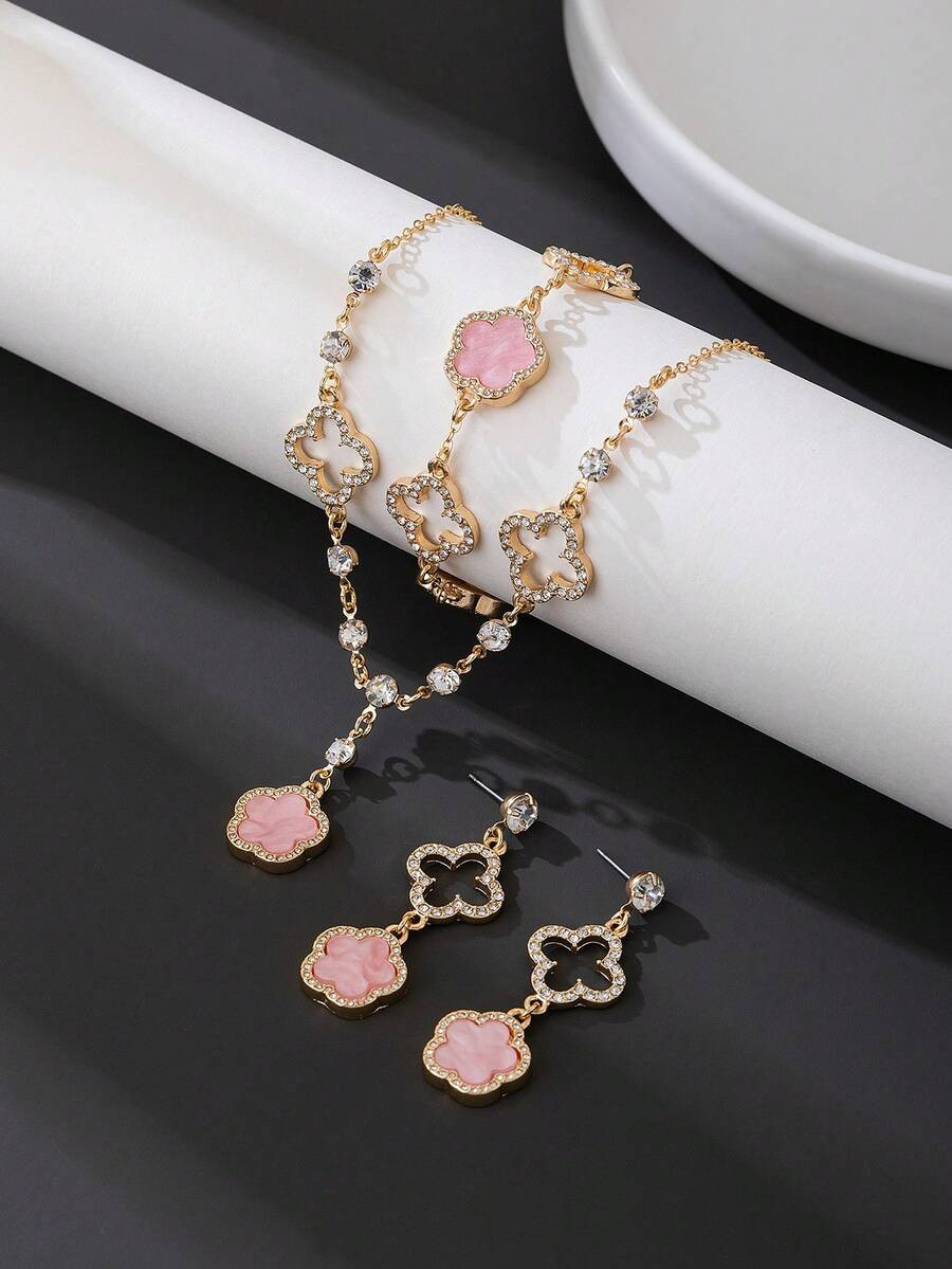 1 Set Luxury Elegant Shiny Gold Hollow Four-Leaf Clover &amp; Pink Sweet Five-Leaf Clover Pendant... | SHEIN
