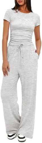 Darong Women's 2 Piece Set Outfits Lounge Sets Ruched Short Sleeve Tops High Waisted Wide Leg Pan... | Amazon (US)