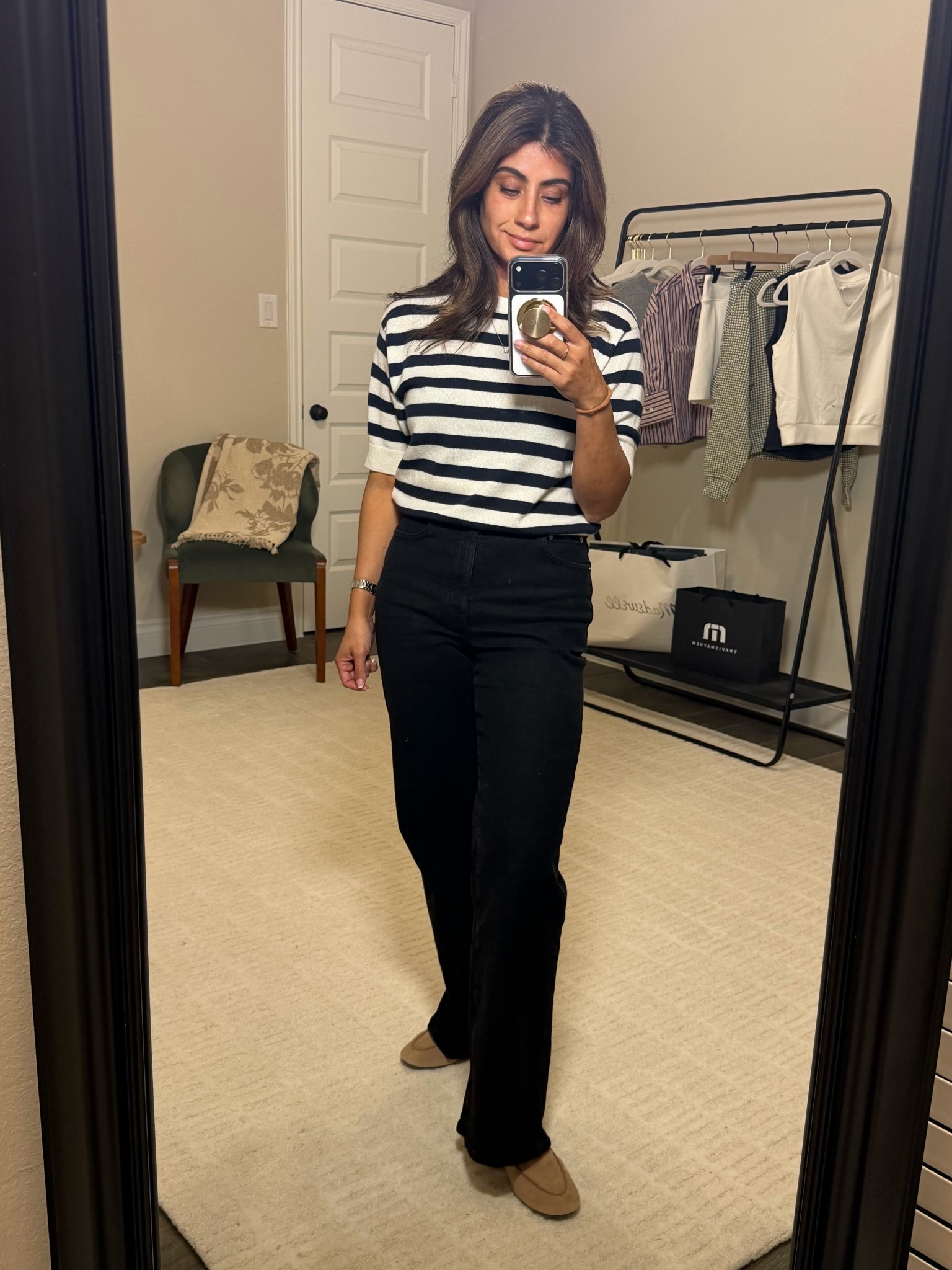 Classic stripes + tailored trousers = effortless outfit formula. Perfect for work, lunch, errands, or travel days when you want to look put together without trying too hard.
