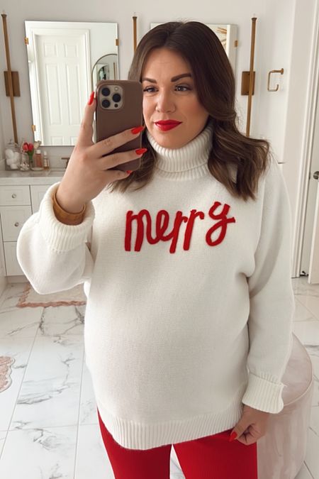 curvy Merry red script and white turtleneck sweater! part of my Merry Pinkmas collection with Pink Desert! i’m in the 2X, typically would take the large not pregnant. runs TTS!  ❤️

wearing size xxl in red ribbed pants, normally a large! 

#LTKfindsunder100 #LTKmidsize #LTKHoliday