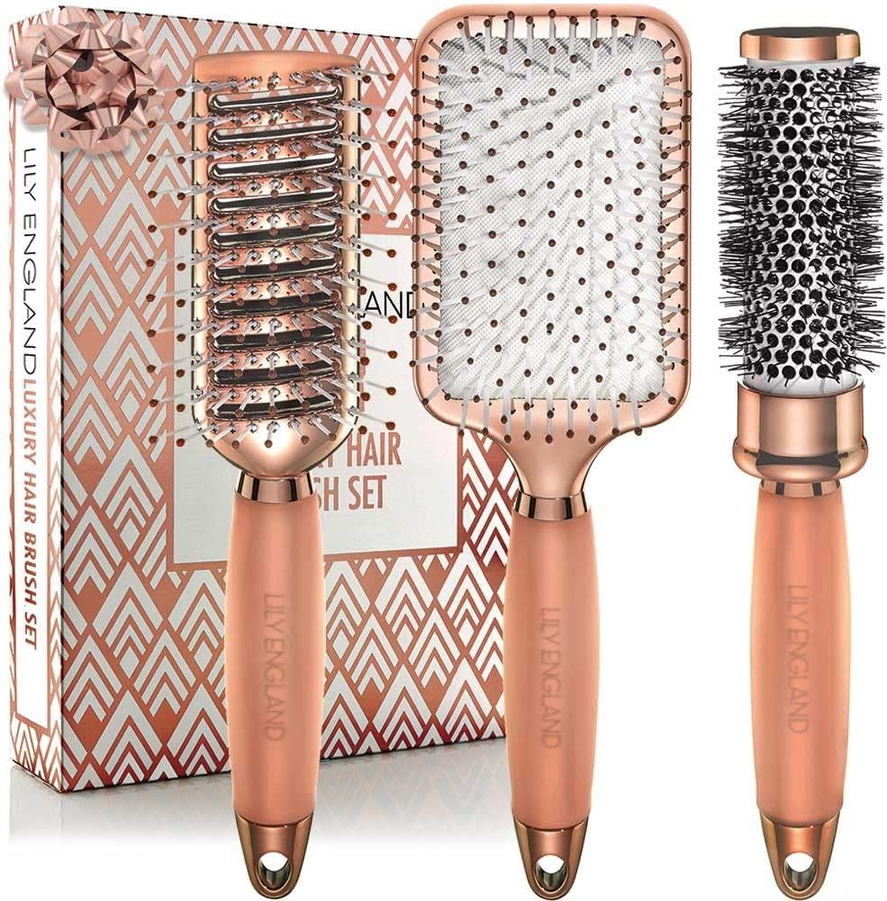 Hair Brush Set - Luxury Professional Rose Gold Hairbrushes for Detangling, Blow Drying, Straightenin | Amazon (US)