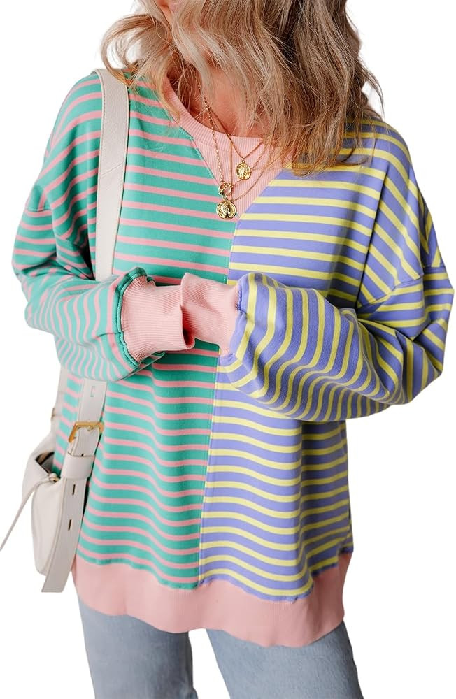 KevaMolly Womens Long Sleeve Tops Colorblock Drop Shoulder Oversize Sweatshirt Round Neck Casual ... | Amazon (US)
