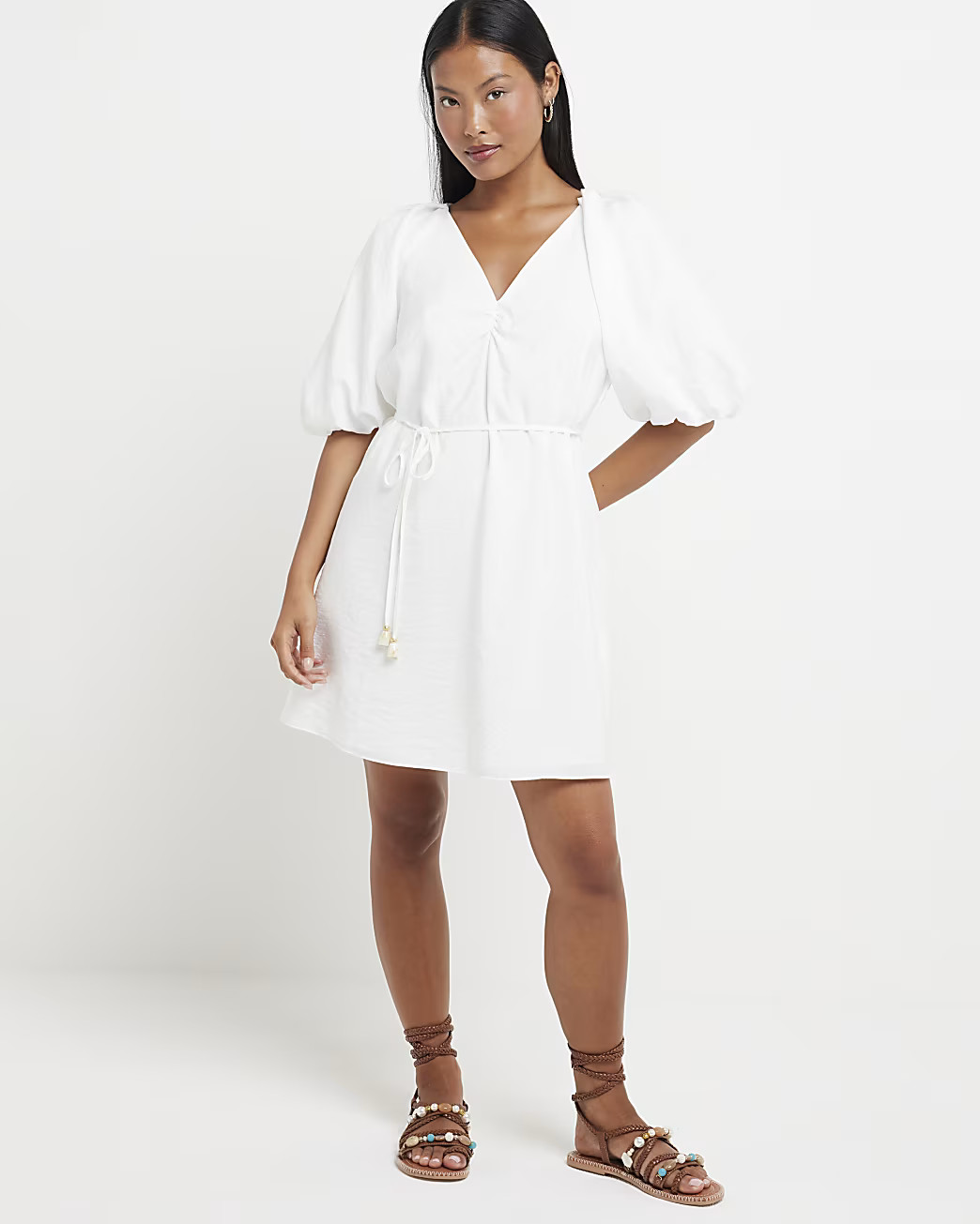 Petite White Puff Sleeve Swing Mini Dress | River Island UK & IE