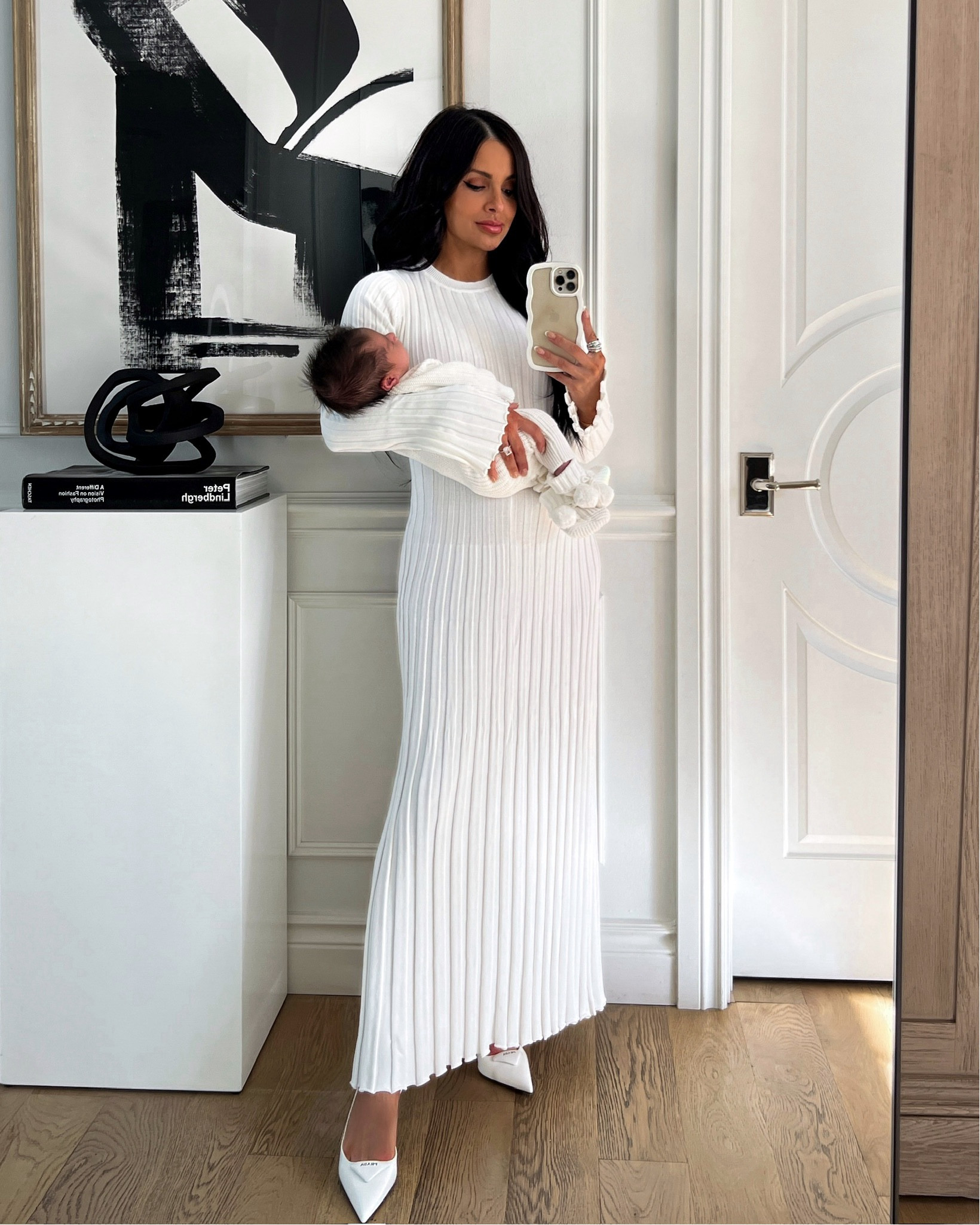 White knit dress 
Dissh white ribbed knit dress wearing an XS on sale
Prada white heels run TTS
Baby knit onesie 



#LTKSeasonal #LTKBaby #LTKSaleAlert
