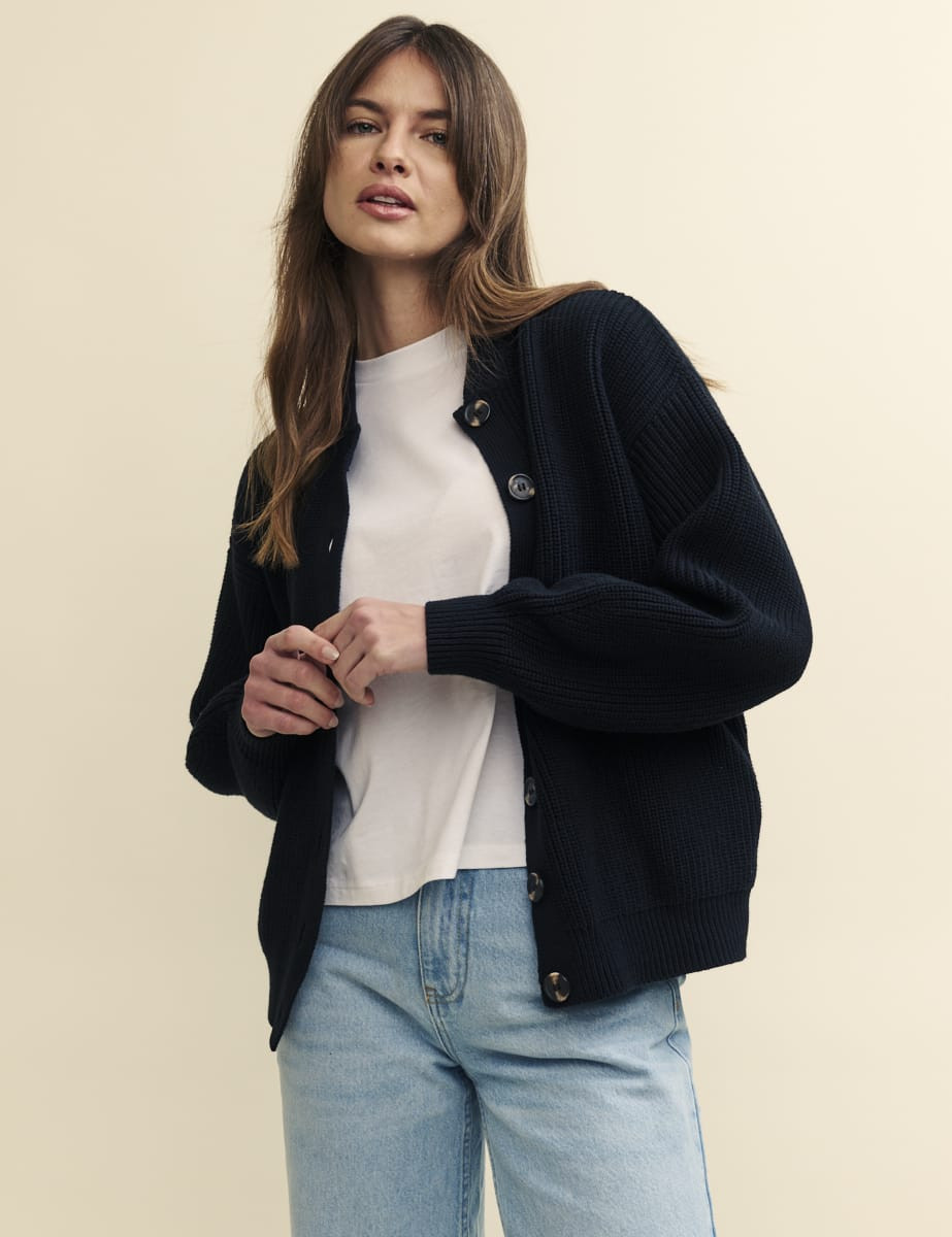 Black Chunky Crew Neck Bomber Cardigan | Nobody's Child