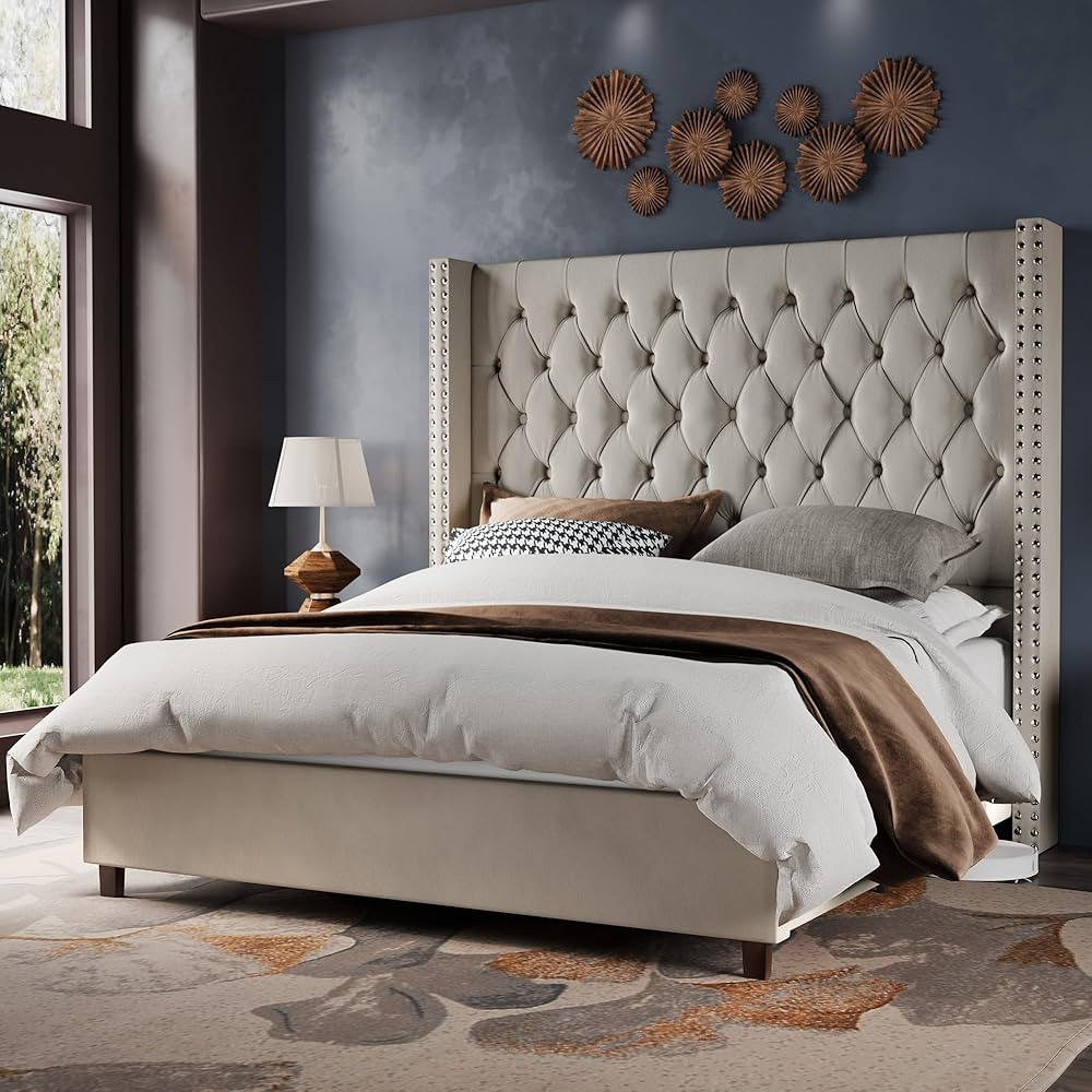 Jocisland King Size Bed Frame with 61.4" Tall Headboard, Velvet Upholstered Wingback Platform Des... | Amazon (US)