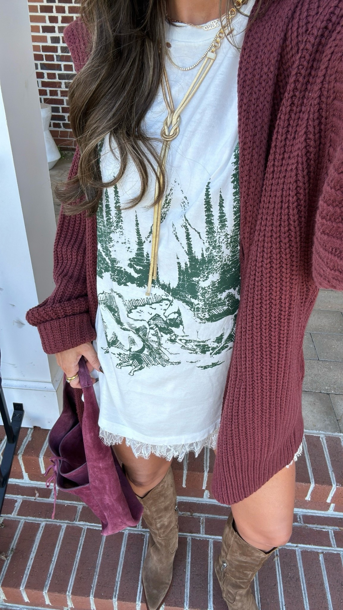 Found my fave oversized cardigan sweater in stock babes! Same with my suede knee high boots! Linked similar tees 🫶🏼🍂 looks like the exact tee is available direct from Promesa “mustang mountain” tee but I can’t link that website! 

#LTKStyleTip #LTKFindsUnder100 #LTKFindsUnder50