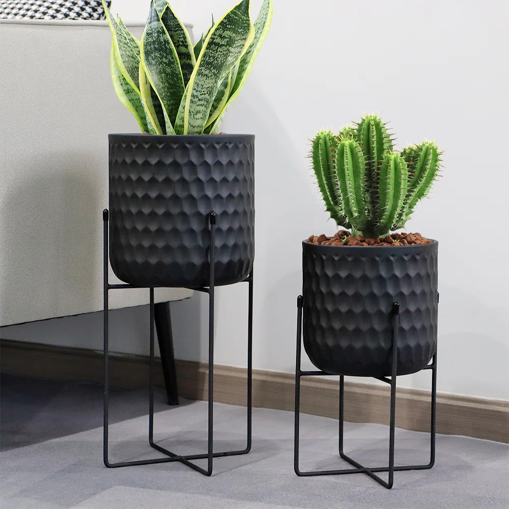 Almanda 2 pcs Black Metal Pot Planter with Stand | Wayfair North America