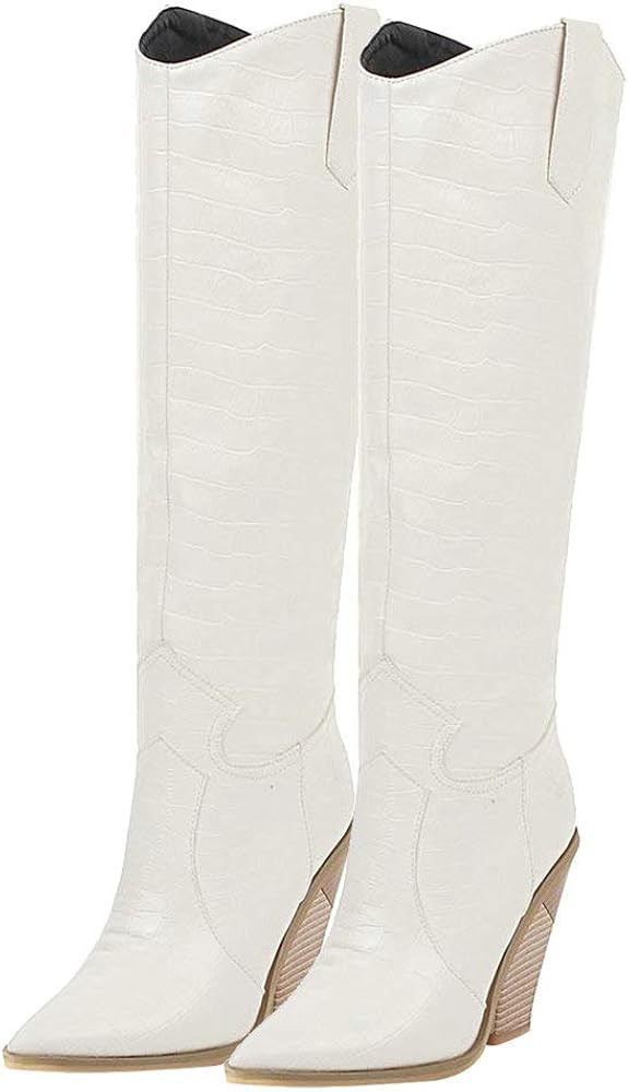 Bellirala Womens Stacked Chunky Heel Cowgirl Knee High Pointed Toe Cowboy Boots | Amazon (US)