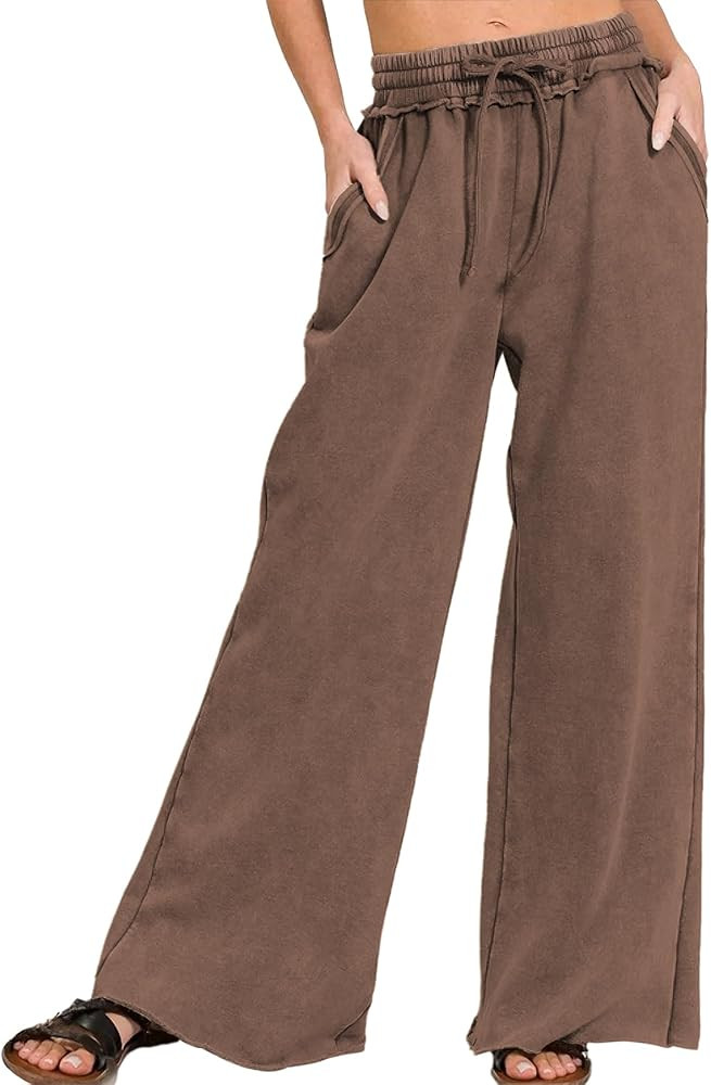 Ainangua Women Acid Wash Palazzo Sweatpants Casual High Waist Drawstring Wide Leg Pants Baggy Fle... | Amazon (US)