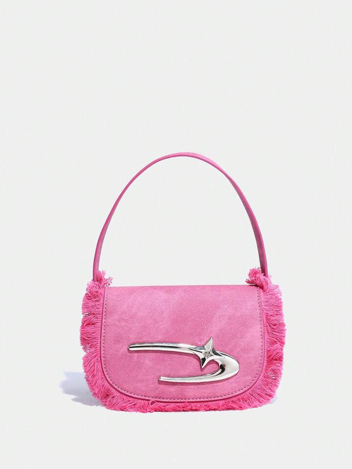 Denim And Pink Color Fringe Decorated Half Round Mini Crossbody Bag For Women, Suitable For Datin... | SHEIN