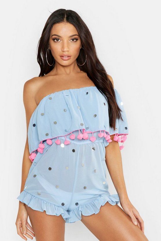 Sequin & Pom Pom Bardot Beach Playsuit | Boohoo.com (US & CA)