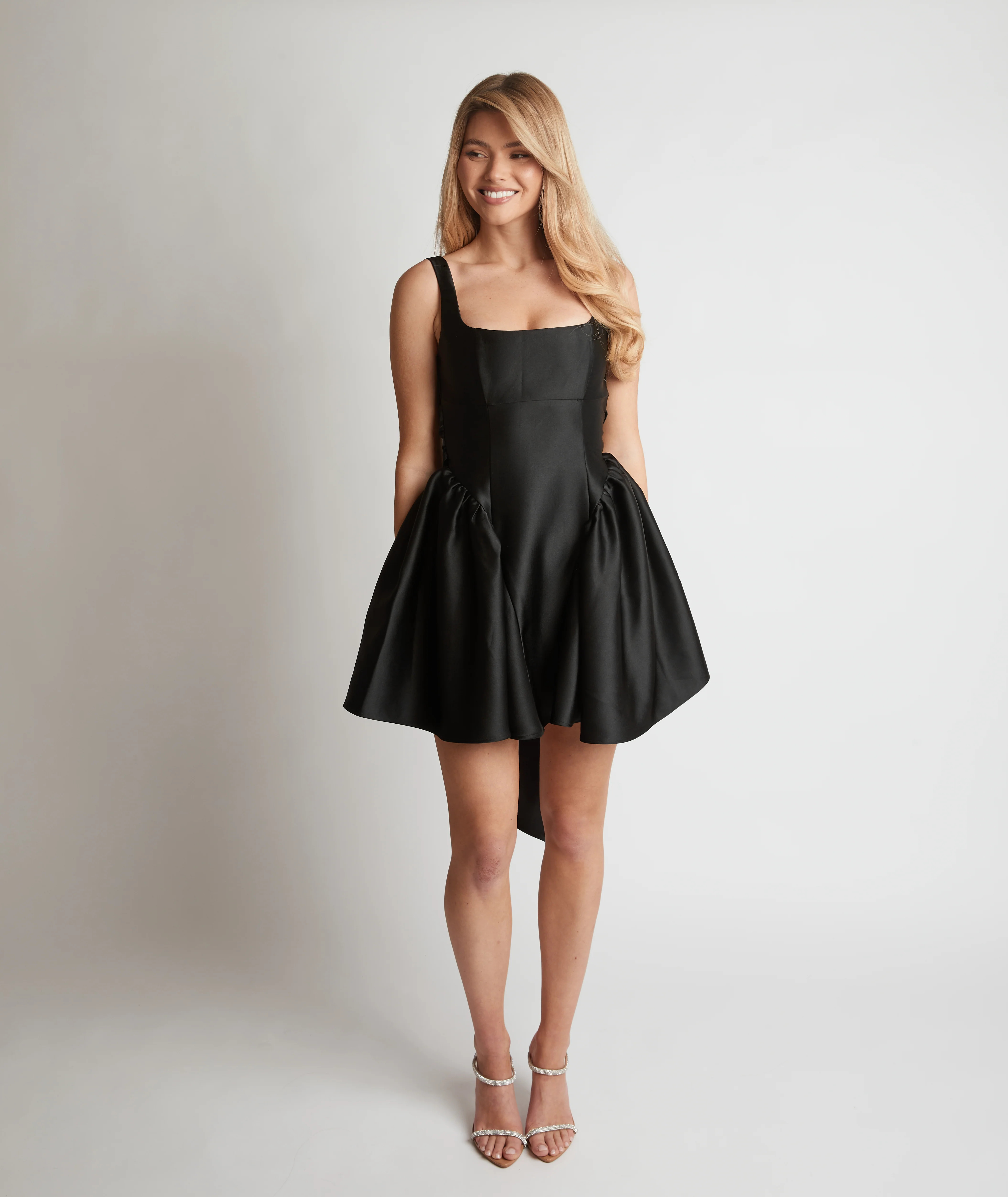 Satin Bow Back Pleated Skirt Mini Dress - Black | Six Stories