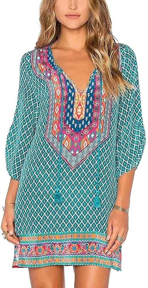 Women Bohemian Neck Tie Vintage Printed Ethnic Style Summer Shift Dress | Amazon (US)