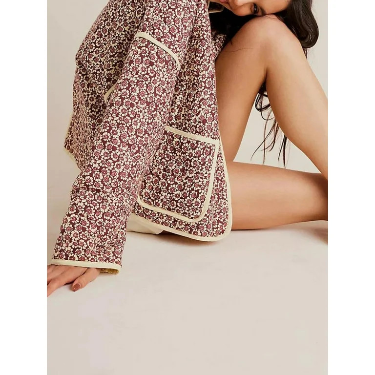 Women Floral Cropped Quilted Jacket Cardigan Lightweight Boho Print Patchwork Padded Puffer Coat ... | Walmart (US)