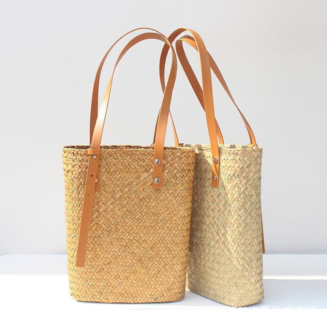 Handmade Tote Bag for Summer PU Leather Strapnatural Braided - Etsy UK | Etsy (UK)