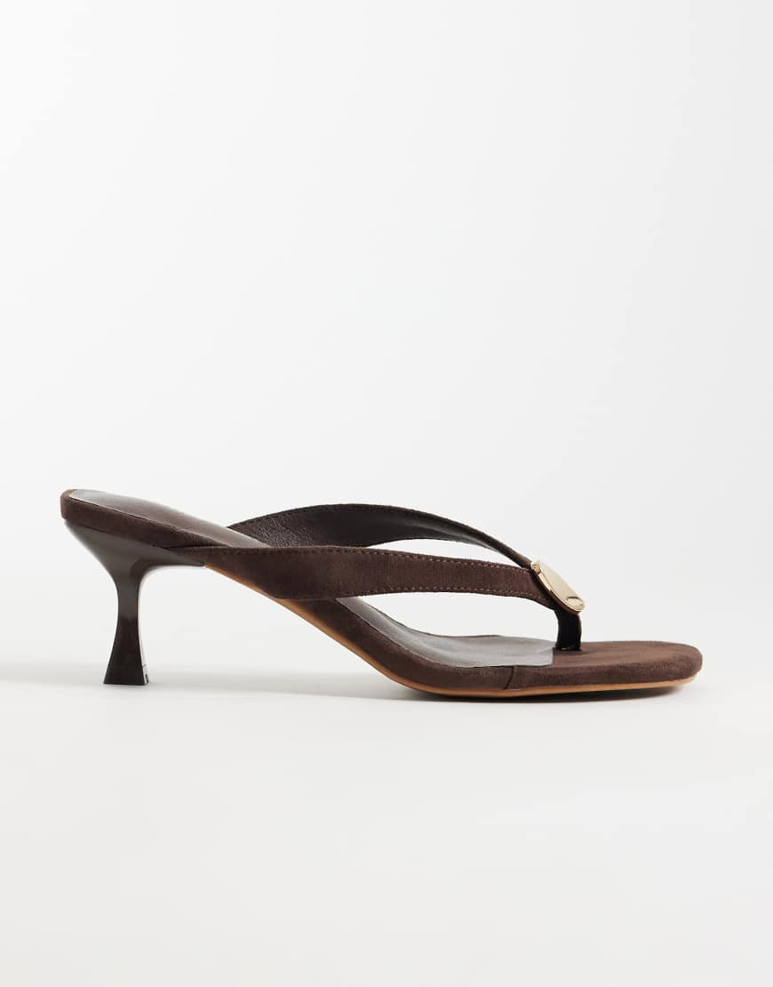 Threadbare faux suede toe thong kitten heels with gold hardware in chocolate brown | ASOS (Global)