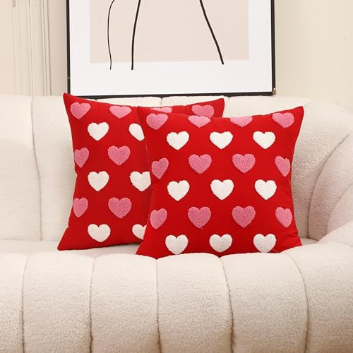 WOKANI Valentines Day Throw Pillow Covers 20x20 Set of 2 Heart Love Couples Decorations Embroidery Cushion Covers Home Decor for Couch Lover Girlfriend Sofa Bedroom, White Red Pink | Amazon (US)