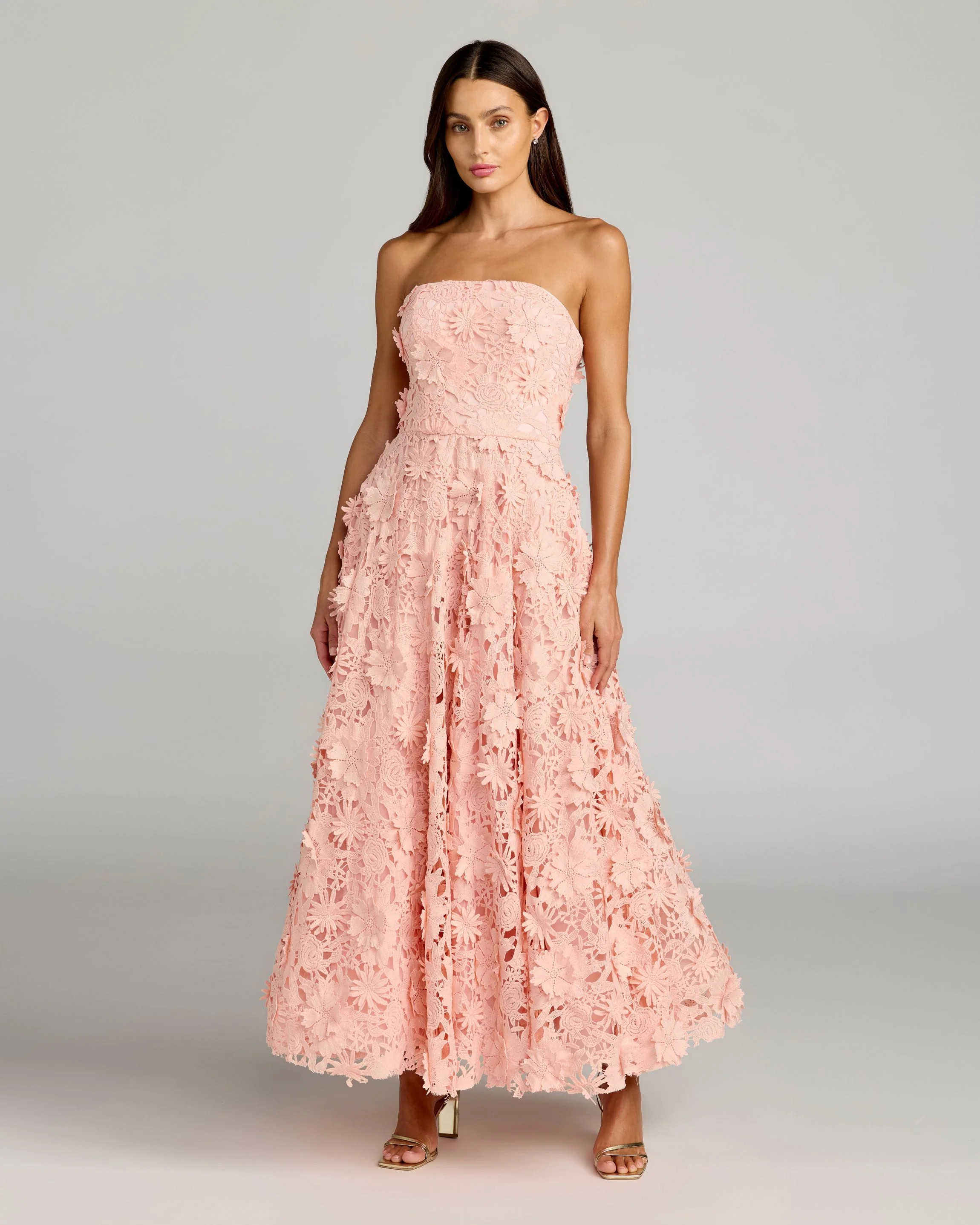 Pink Strapless Floral Lace A Line Gown | Mac Duggal | Mac Duggal