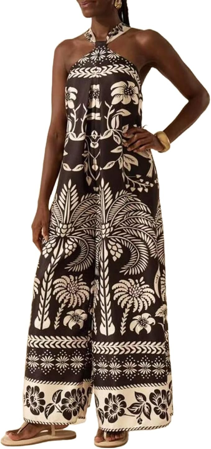 Boho Jumpsuit for Women Printed Halter Neck Wide-Leg Romper Summer Tropical Vacation Outfits | Amazon (US)