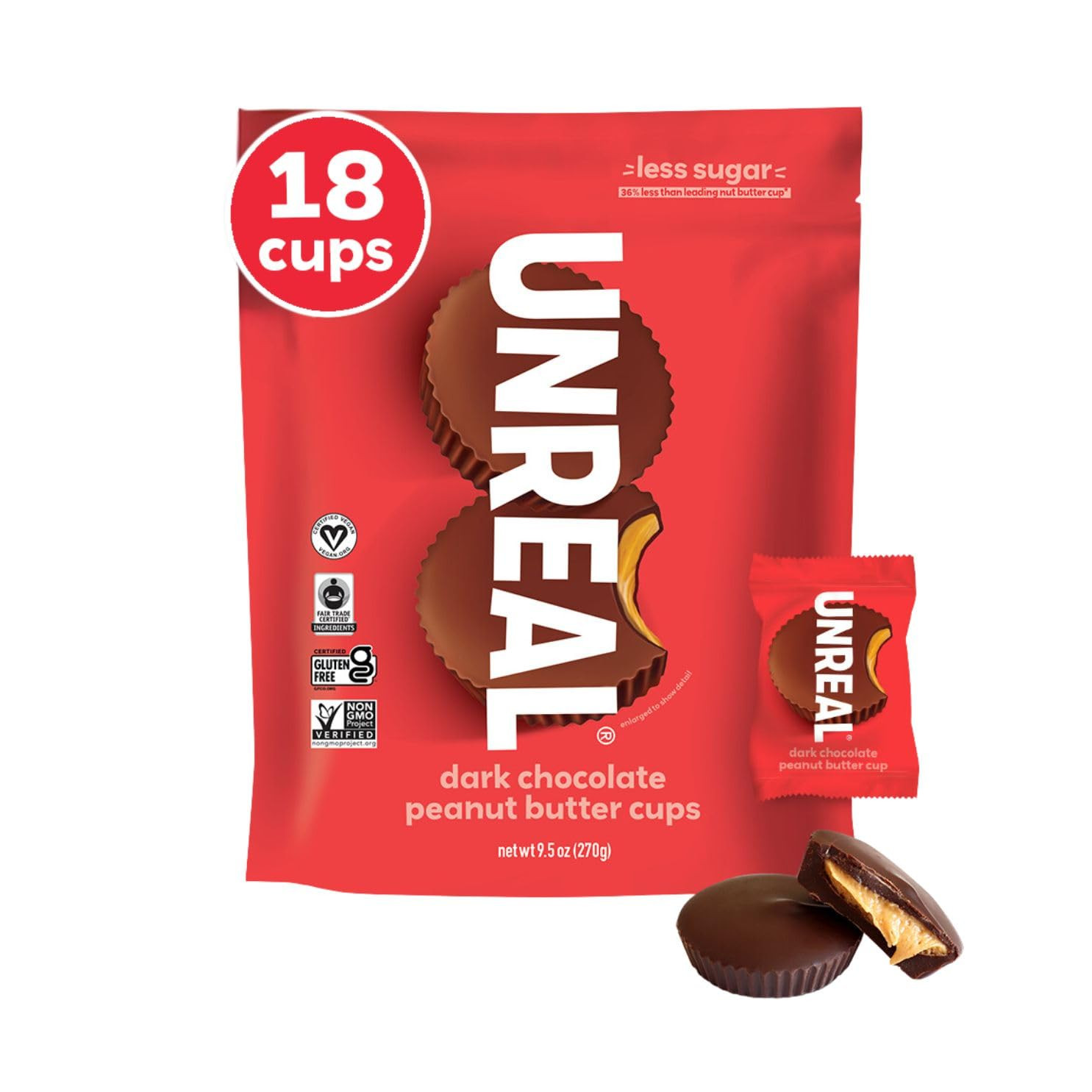 UNREAL Dark Chocolate Peanut Butter Cups (Value Size Bag) - Individually Wrapped, Low Sugar Choco... | Amazon (US)