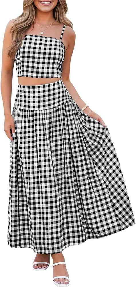 Wenrine Womens 2 Piece Skirt Sets Summer Gingham Crop Tops Midi Skirt | Amazon (US)