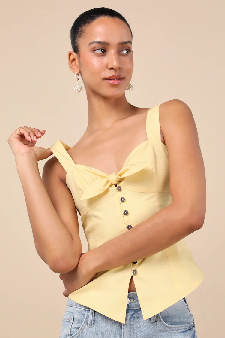 Earlene Light Yellow Tie-Front Button-Up Tank Top | Lulus