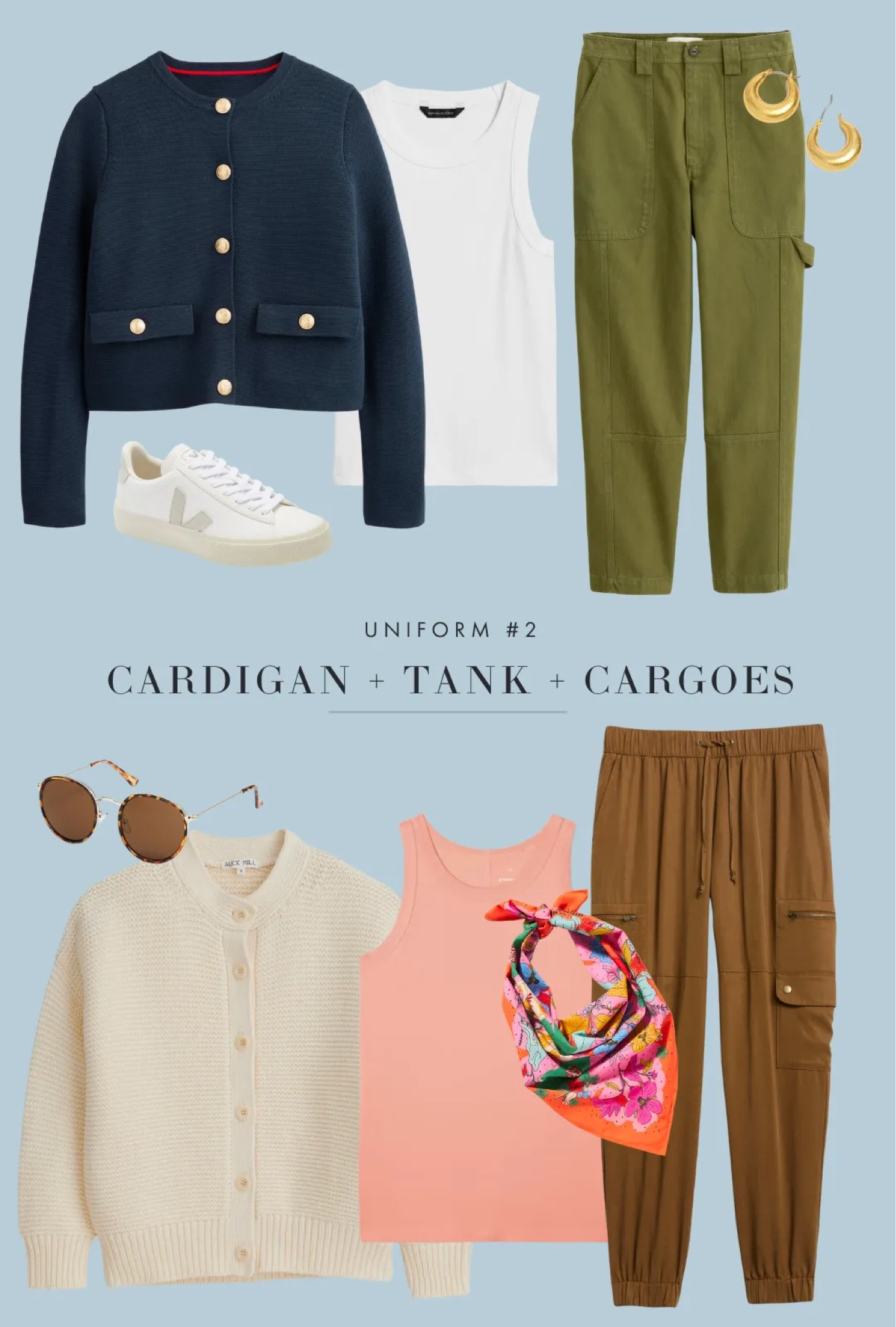 Uniform #2: Cardigan + tank + cargoes

You might be thinking: CARGOES? Really, Elizabeth? I know, I know. They’re having a moment! But if they’re not for you, try another relaxed silhouette. Tuck in a fitted tank then add a heavy knit. I am LOVING the cropped crewneck cardigans in stores now. Bonus: They double as a coat in spring.