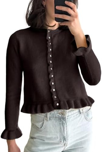 Wyeysyt Womens Cropped Cardigan Sweaters Ruffle Hem Crewneck Button Down Knit Fall Sweater Long S... | Amazon (US)