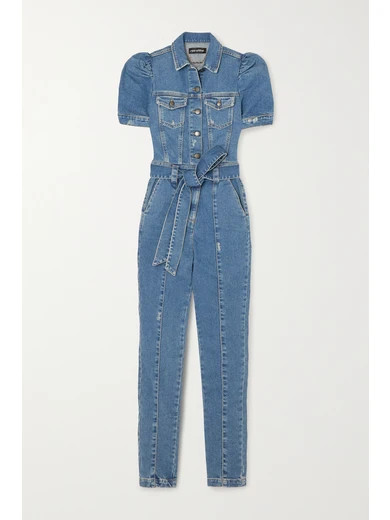 Retrofête - Tori Belted Distressed Denim Jumpsuit - Dark denim | NET-A-PORTER (US)