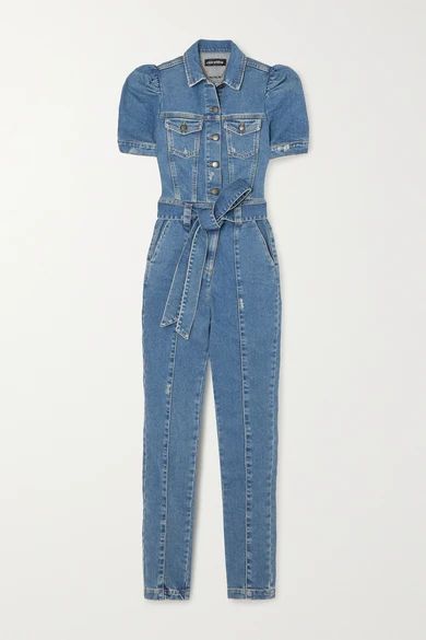 Retrofête - Tori Belted Distressed Denim Jumpsuit - Dark denim | NET-A-PORTER (US)