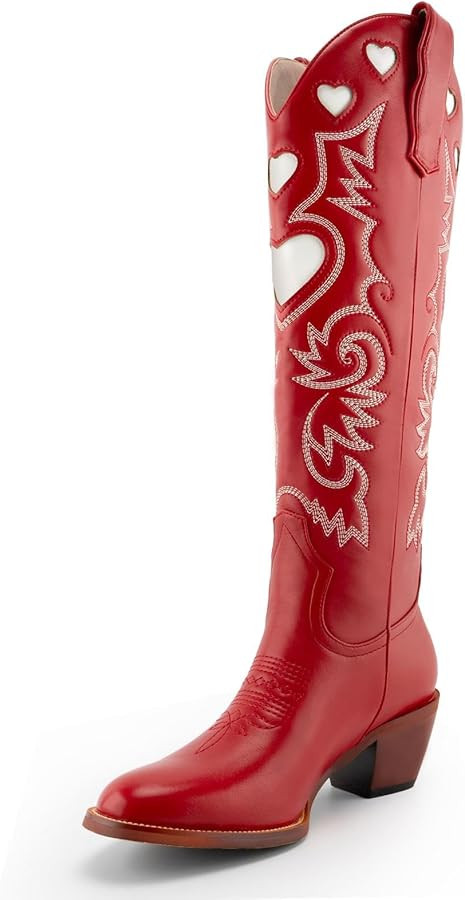 Huntarry Heart Boots for Women Red Cowboy Boots Embroidered Inlay Heart Knee High Round Toe Boots... | Amazon (US)