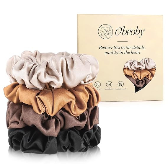4 Pack Mulberry Silk Scrunchies, Brown Silk Hair Ties for Hair Sleep No Damag Satin Scrunchies St... | Amazon (US)