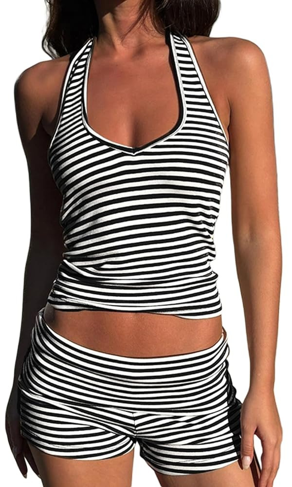 Summer 2 Piece Stripe Print Shorts Set Sleeveless Backless Cami Top Mini Shorts Sets Women Sexy Y... | Amazon (US)