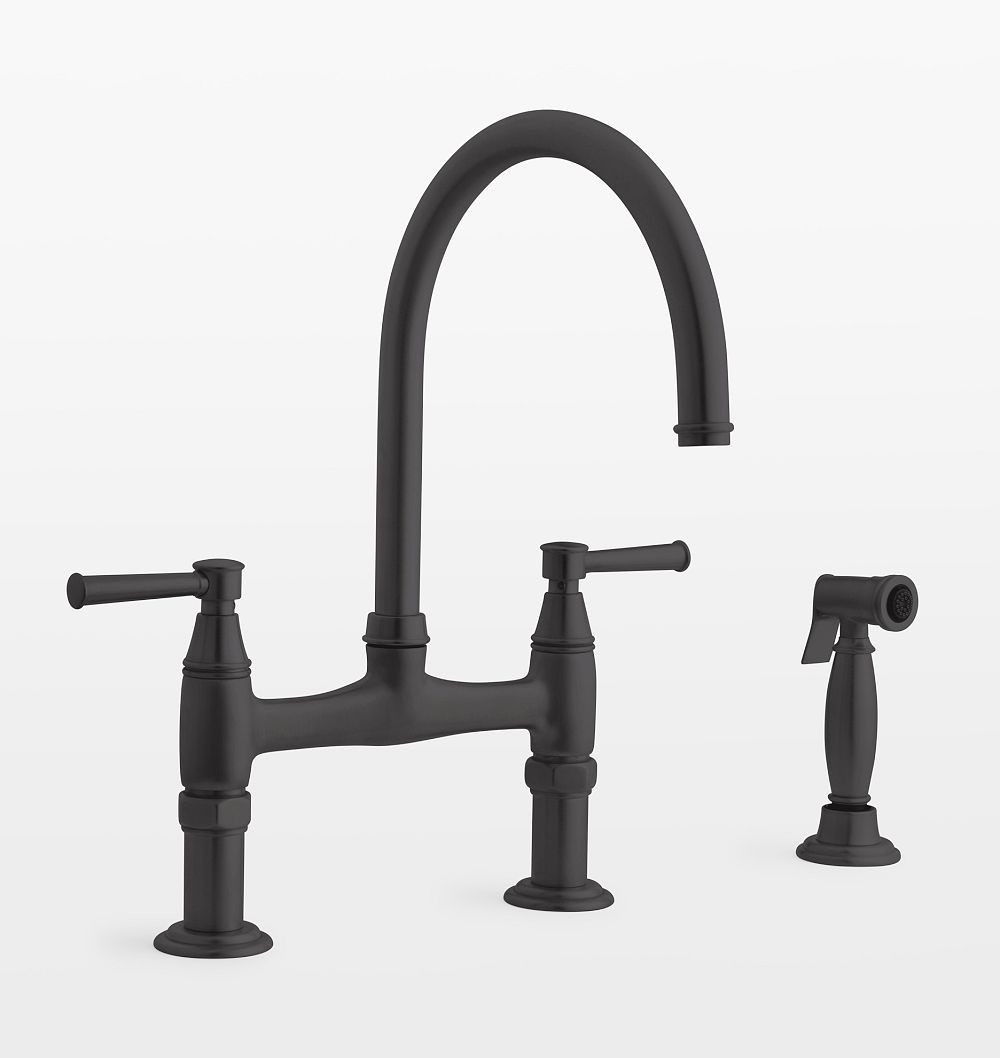 Miramar Lever Handle Bridge Kitchen Faucet, With Sidesprayer - Matte Black | Rejuvenation