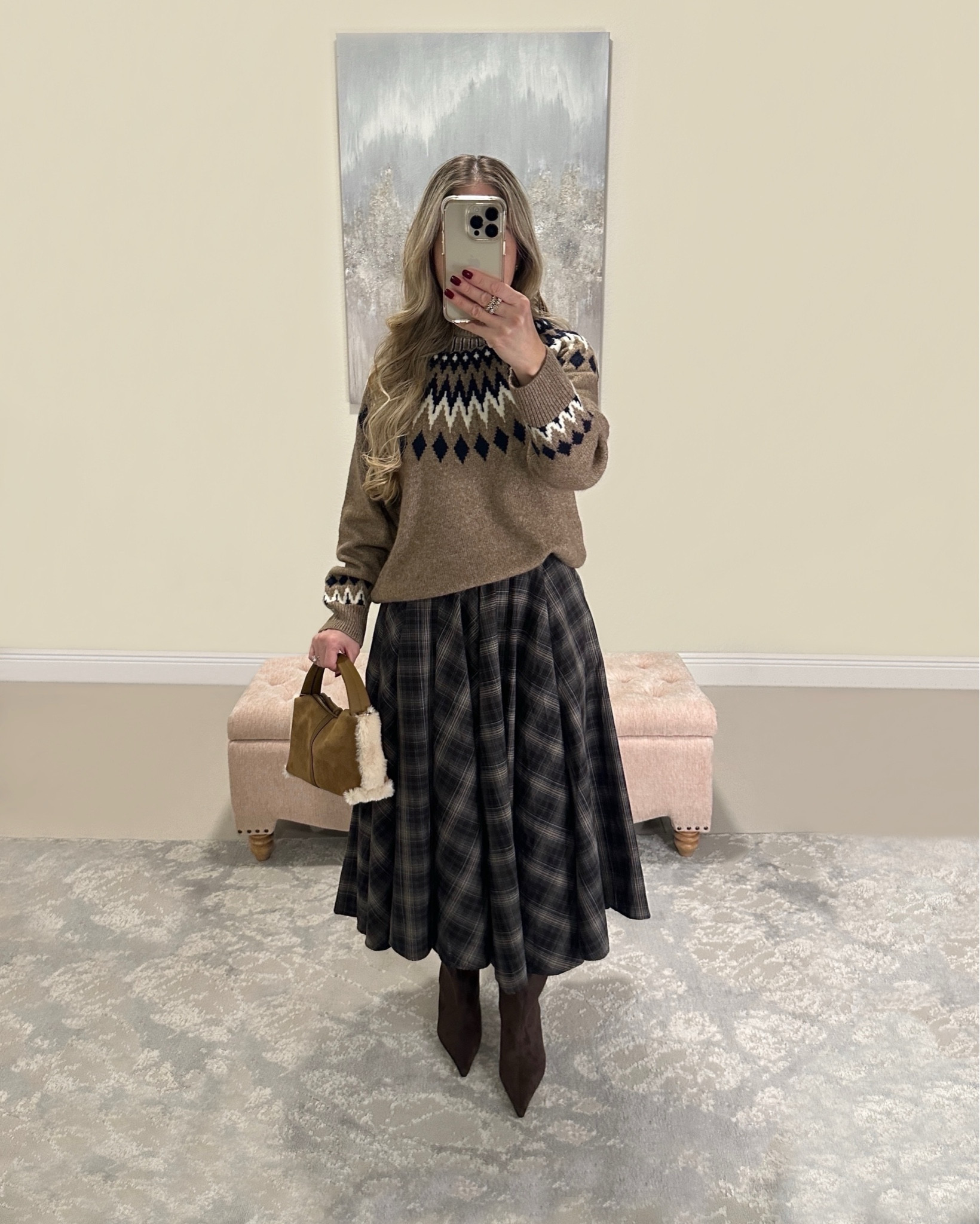 Thanksgiving outfit. Fair Isle sweater. Brown sweater. Plaid skirt. Circle skirt. Midi skirt. Brown Boots. Suede Boots. Winter Boots 💫

#LTKHoliday #LTKootd #LTKOver40