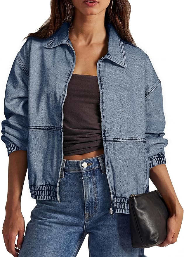 Glamaker Womens Oversized Denim Jacket Trendy Casual Zip Up Long Sleeve Loose Fit Jean Jackets Ou... | Amazon (US)