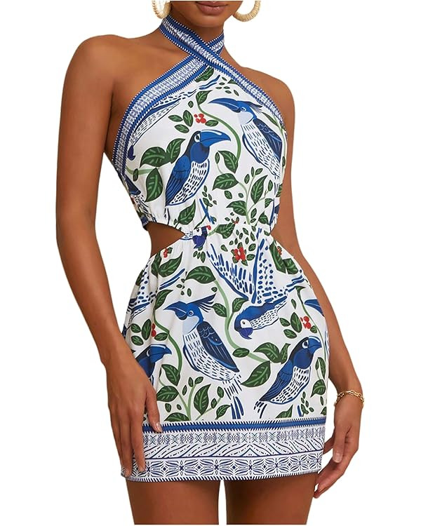 MakeMeChic Women's Boho Mini Dress Summer Beach Vacation Halter Dresses Floral Sundress       
  ... | Amazon (US)