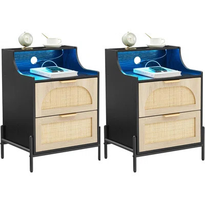 Rattan Night Stand, Black Nightstand with Charging Station, Modern Nightstand with LED Light and 2 Drawers, Boho Bedside Table Wood Side Table Set for | Wayfair North America