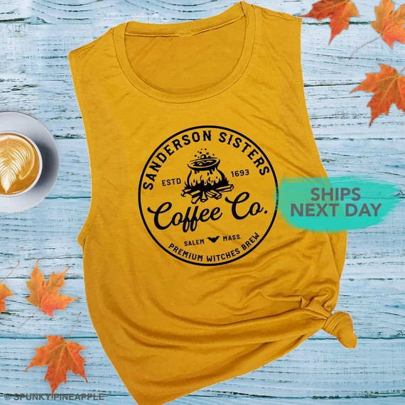 Fall Workout Tank Top, Sanderson Sisters Coffee Co. Shirt, Womens Halloween Muscle Tee | Etsy (US)