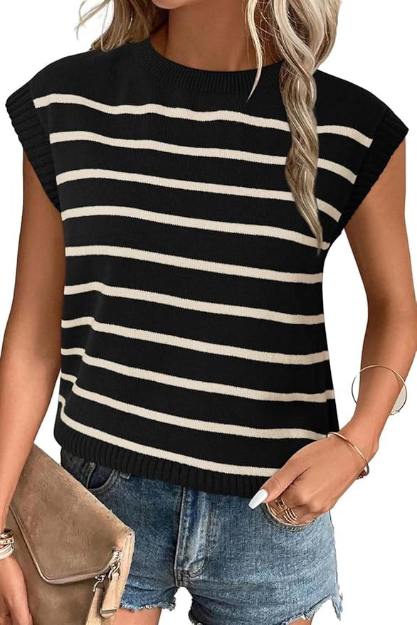 Arach&Cloz Womens Spring Summer 2024 Sweater Vest Cap Sleeve Crew Neck Striped Fashion Casual Sle... | Amazon (US)