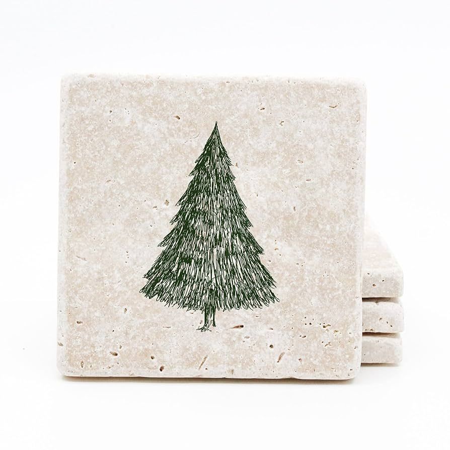 Christmas Tree Travertine Drink Coasters - Set of 4 Stone Holiday Coasters | Amazon (US)