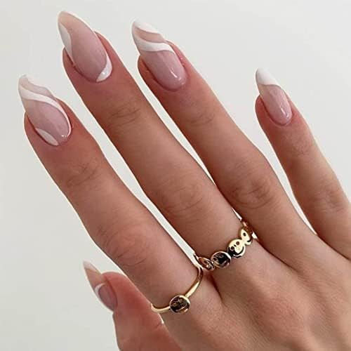 Foccna Fake Nails White Swirls Press on Nails Medium Length Acrylic Full Cover False Nails for Daily | Amazon (US)