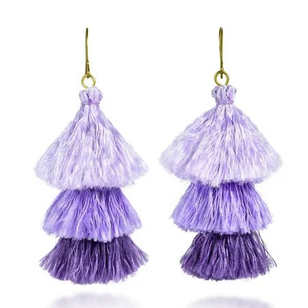 Amazing Layered Triple Stack of Purple Tassels & Brass Dangle Earrings | Walmart (US)