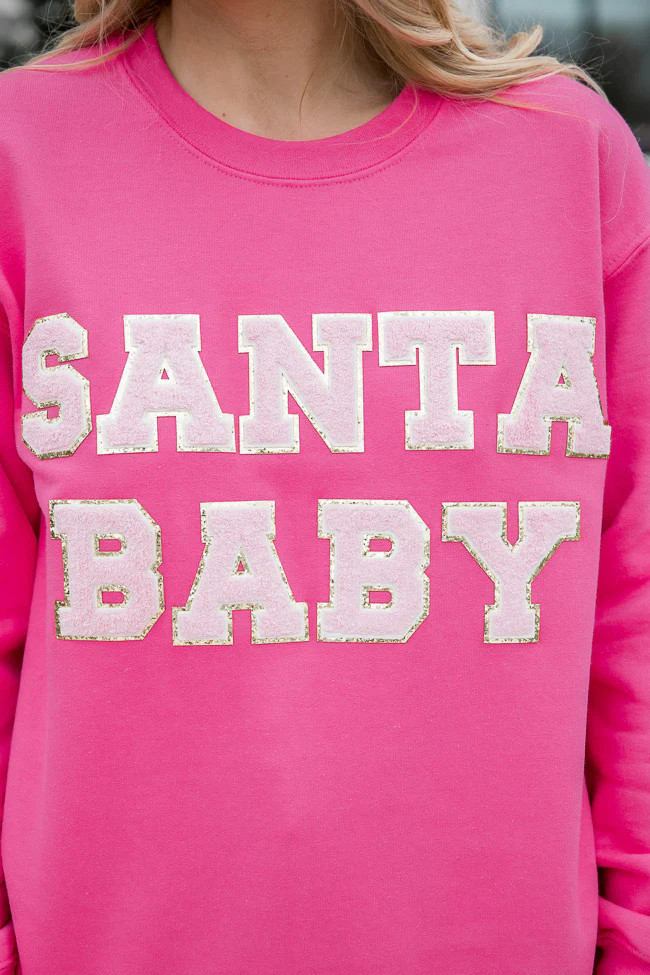 Santa Baby Pink Chenille Patch Graphic Sweatshirt | Pink Lily