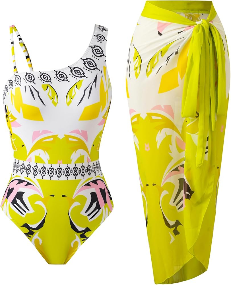 Women\u2019s One Piece Swimsuit with Cover Up Set, One Shoulder Two Piece Bathing Suits with Wrap... | Amazon (US)