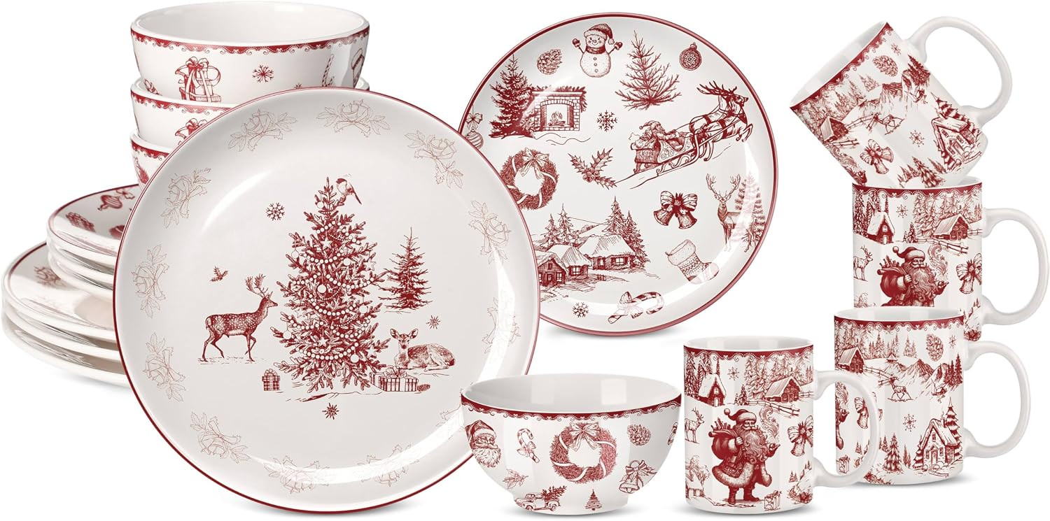 Zhehao 16 Pcs Vintage Christmas Dinnerware Set Farmhouse Toile Ceramics | Amazon (US)