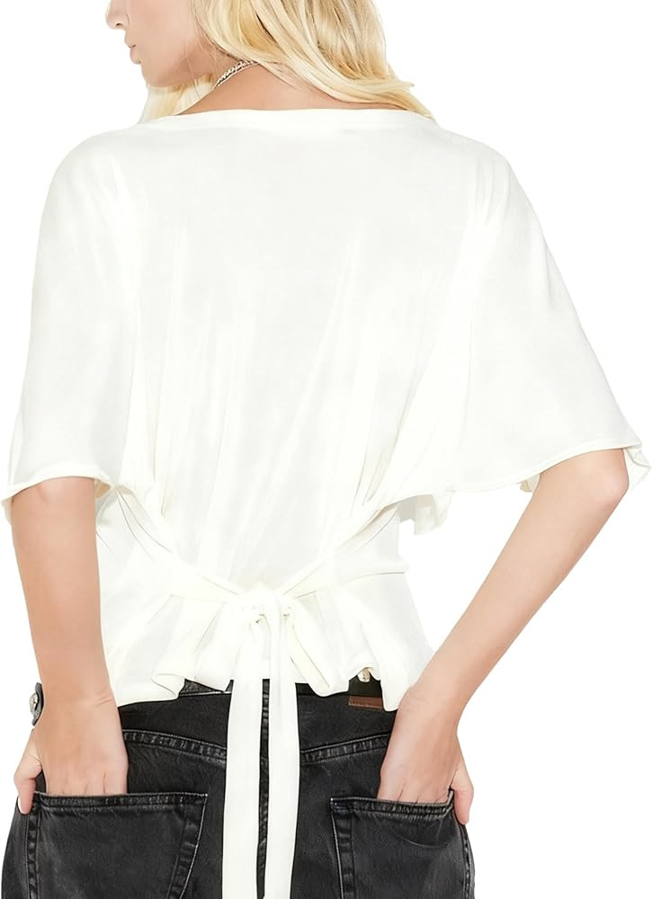 Women's Summer High Stretchy Crop Top Crewneck Dolman Short Sleeve Tee Tie Back Soft Ruched Cinch... | Amazon (US)