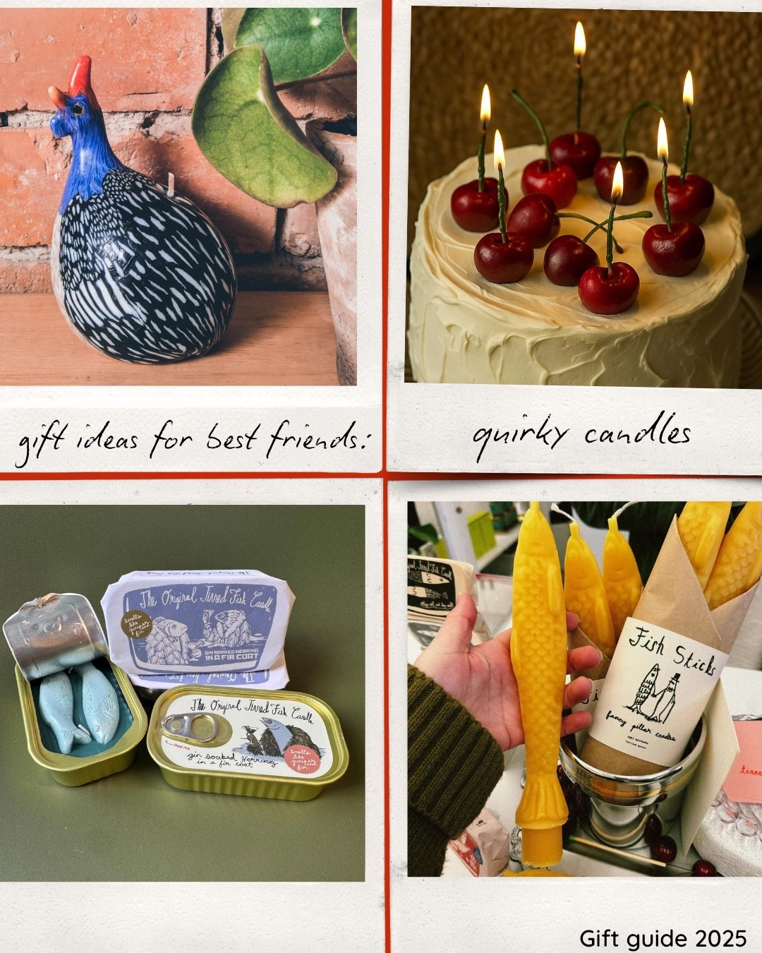 Handmade gift ideas for best friend: What is currently on your birthday wish list? Are you looking for new & fresh Christmas present ideas? Quirky candles are a great conversation piece for dinner parties, bookclub, holidays, and birthday celebrations! Talk to shop my 2025 gift guide edit now! #etsygifts


#LTKHoliday #LTKGiftGuide