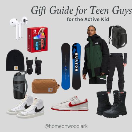 We have 2 teenage sons and they are all into shoes and sports.  Here are some of their gift ideas!  

Snow boots.  Burton snowboard.  Air pods.  Sports water jug.  Nike high tops.  Nike shoes.  North face Snow coat.  Northside Face snow pants.  Sports bag.  

#LTKGiftGuide #LTKkids #LTKCyberWeek